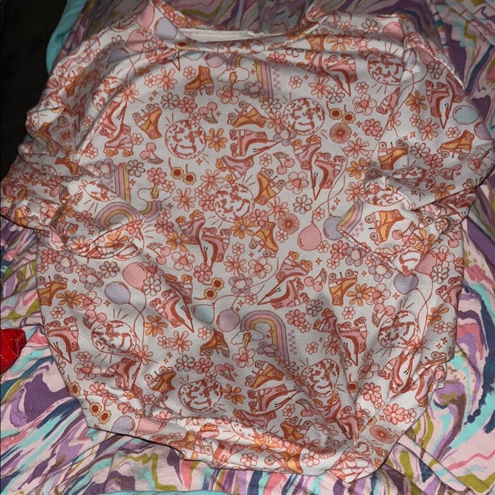 B45 Small Shop 3-6 months Retro-Print LS Bubble Romper, EUC